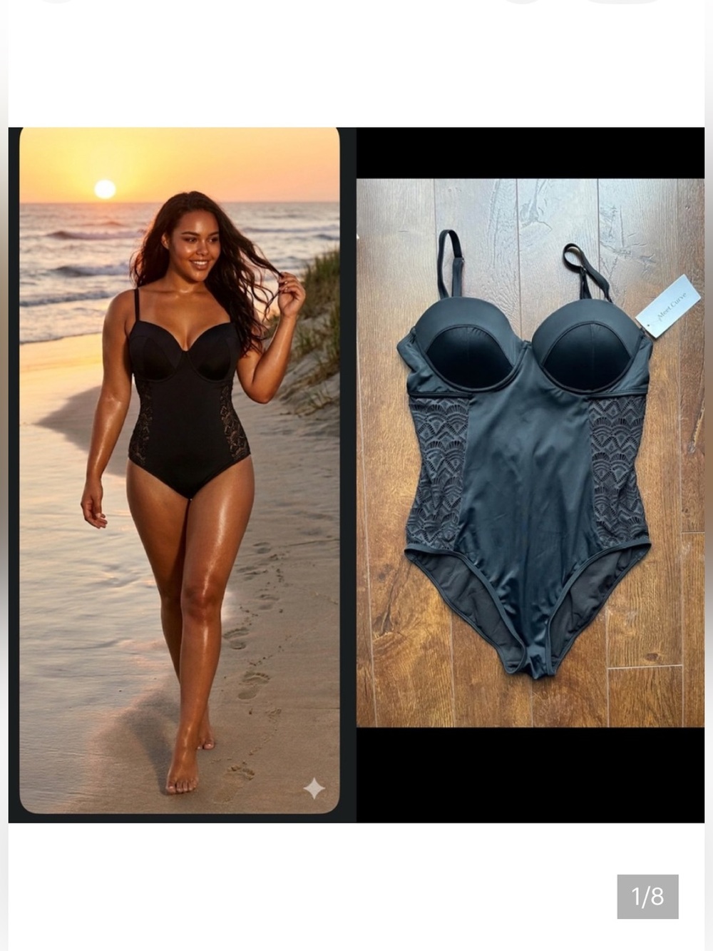 NWT Meet Curve Padded Bathing Swimsuit With Crochet Sides. Medium. Black.